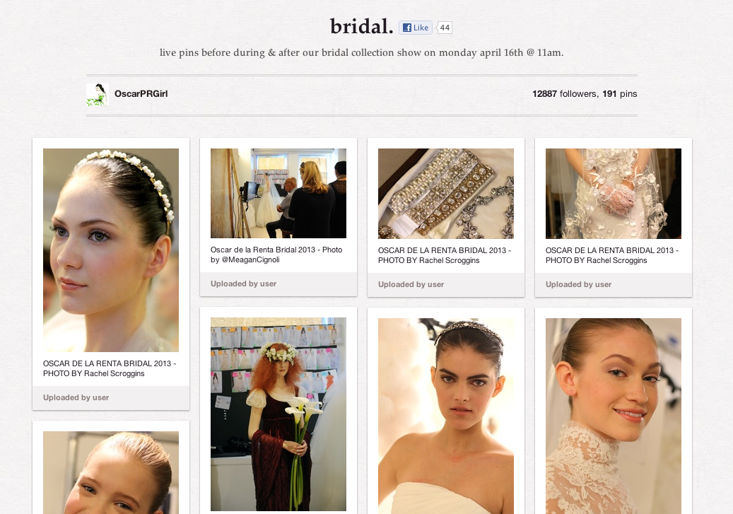 Haute 100 New York Updates: Oscar de la Renta to “Live-Pin” via Pinterest at Today’s Bridal Runway Show