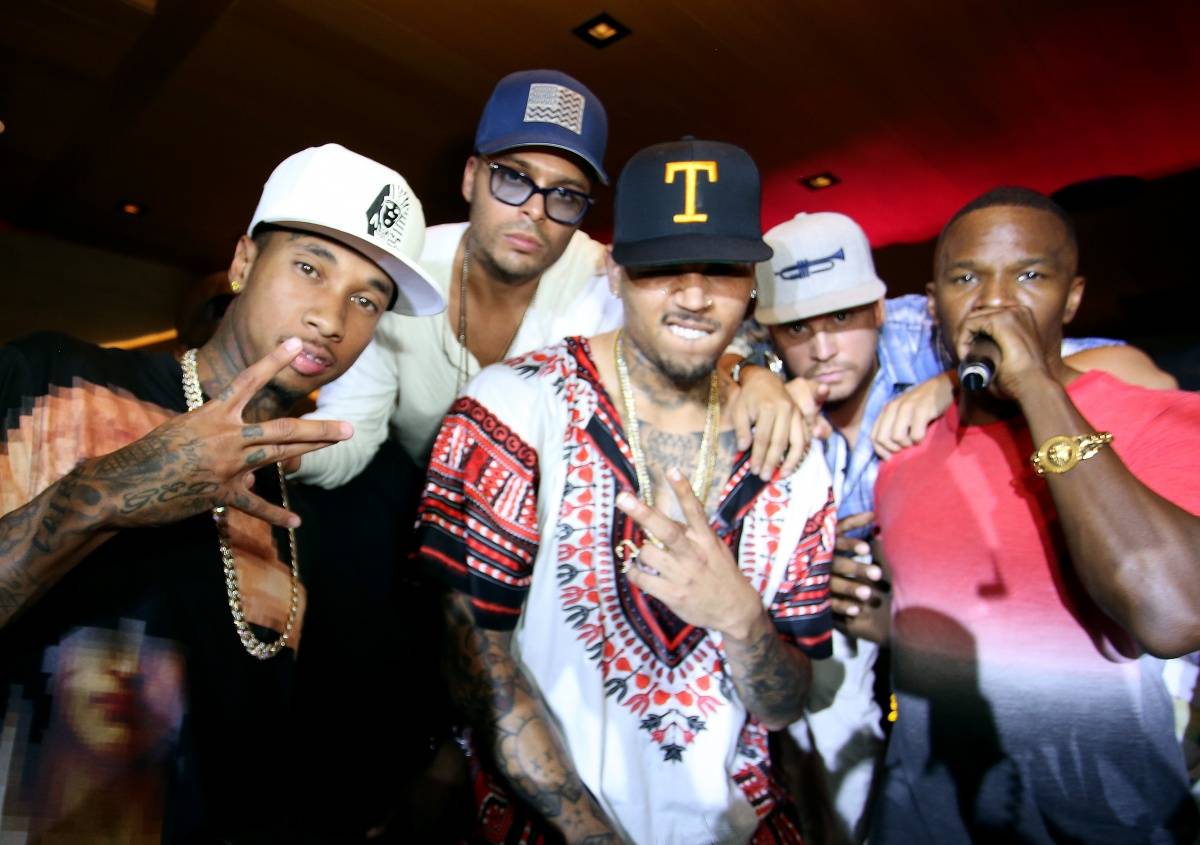 Tyga, owner of 1OAK Richie Akiva, Chris Brown and Jamie Foxx at the 1OAK 4th of July party at Nobu Malibu